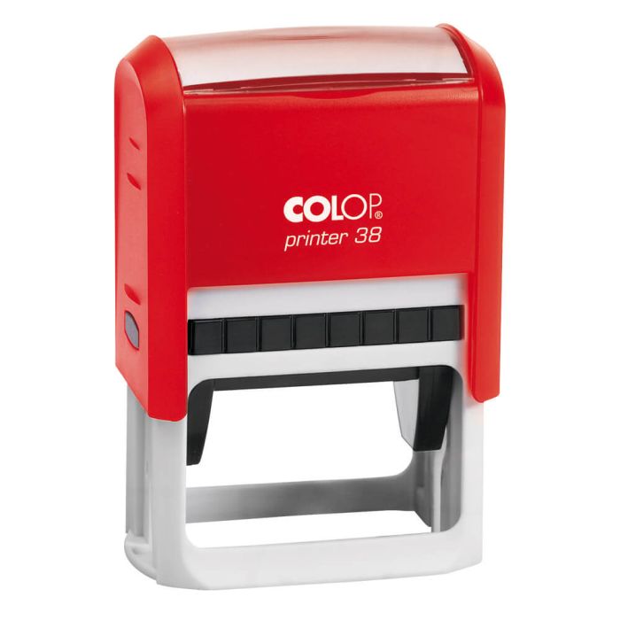 COLOP Printer 38 – individueller Stempel 56 × 33 mm, 7 Zeilen – Gehäusefarbe Rot