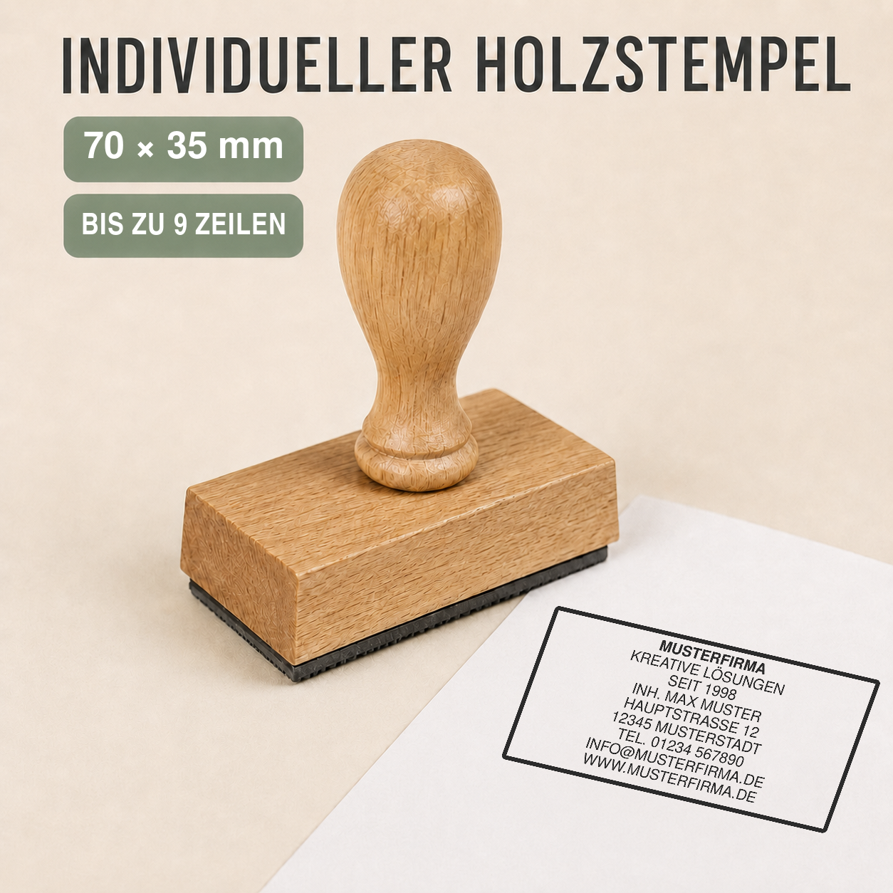 Individueller Holzstempel 70 × 35 mm für bis zu 9 Zeilen