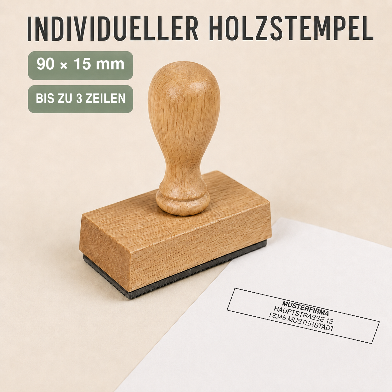 Individueller Holzstempel 90 × 15 mm für bis zu 3 Zeilen