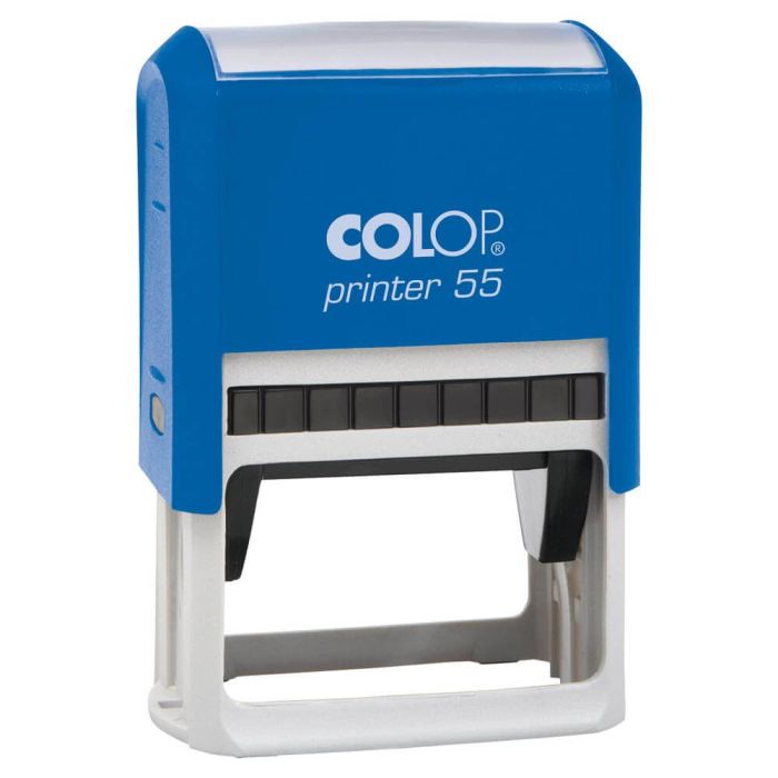 COLOP Printer 55 – individueller Stempel 60 × 40 mm, 8 Zeilen – Gehäusefarbe Blau