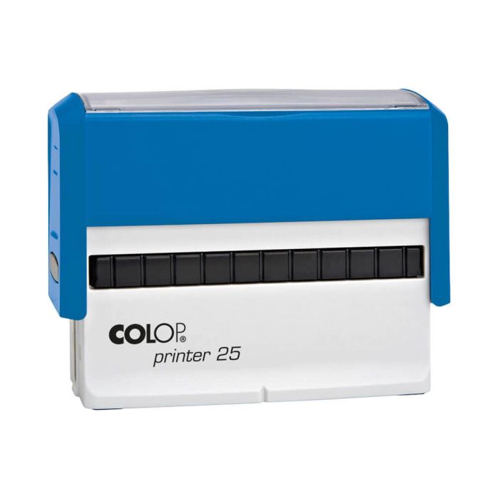COLOP Printer 25 – individueller Stempel 75 × 15 mm, 4 Zeilen – Gehäusefarbe Blau