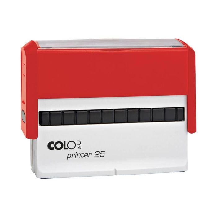 COLOP Printer 25 – individueller Stempel 75 × 15 mm, 4 Zeilen – Gehäusefarbe Rot
