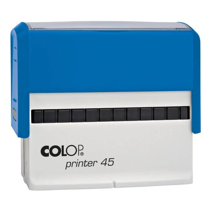 COLOP Printer 45 – individueller Stempel 82 × 25 mm, 6 Zeilen – Gehäusefarbe Blau