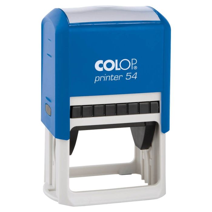 COLOP Printer 54 – individueller Stempel 50 × 40 mm, 8 Zeilen – Gehäusefarbe Blau