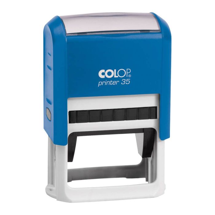 COLOP Printer 35 – individueller Stempel 50 × 30 mm, 6 Zeilen – Gehäusefarbe Blau
