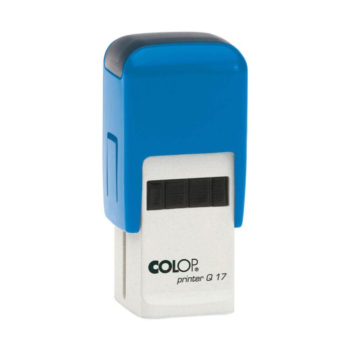 COLOP Printer Q 17 – individueller Stempel 17 × 17 mm, 4 Zeilen – Gehäusefarbe Blau