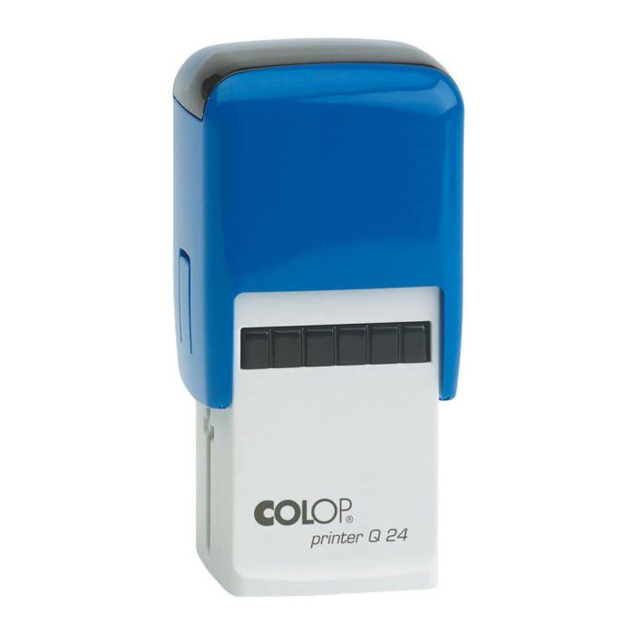 COLOP Printer Q 24 – individueller Stempel 24 × 24 mm, 6 Zeilen – Gehäusefarbe Blau