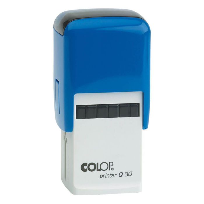 COLOP Printer Q 30 – individueller Stempel 31 × 31 mm, 7 Zeilen – Gehäusefarbe Blau