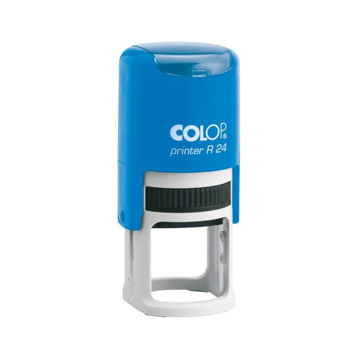 COLOP Printer R 24 – individueller Stempel Ø 24 mm, 4 Zeilen – Gehäusefarbe Blau