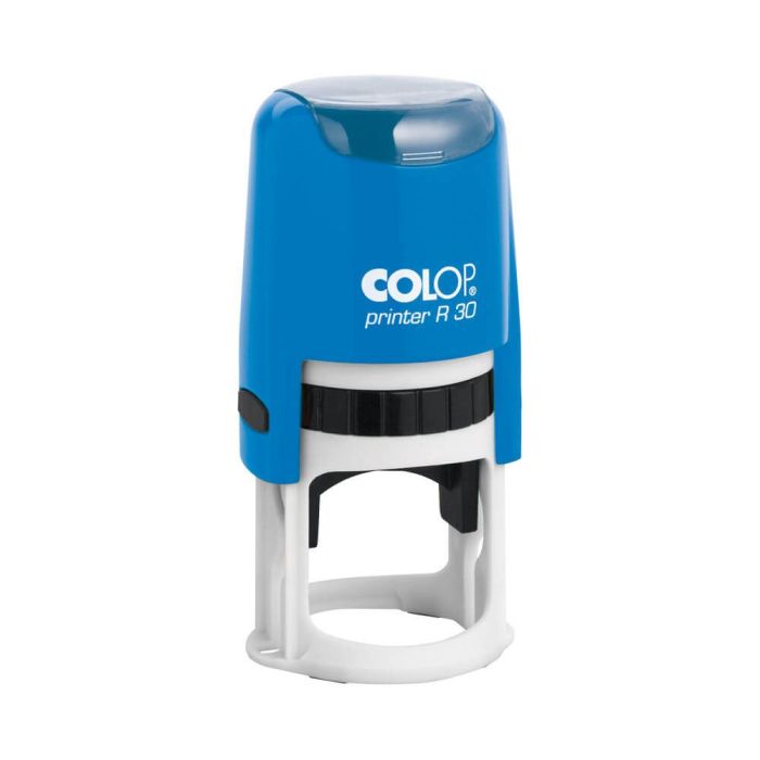 COLOP Printer R 30 – individueller Stempel Ø 30 mm, 5 Zeilen – Gehäusefarbe Blau