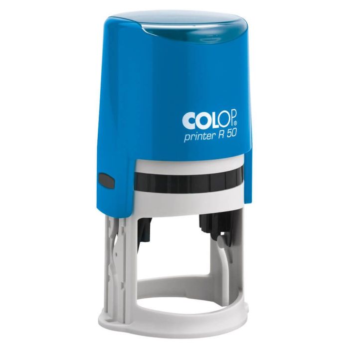 COLOP Printer R 50 – individueller Stempel Ø 50 mm, 9 Zeilen – Gehäusefarbe Blau