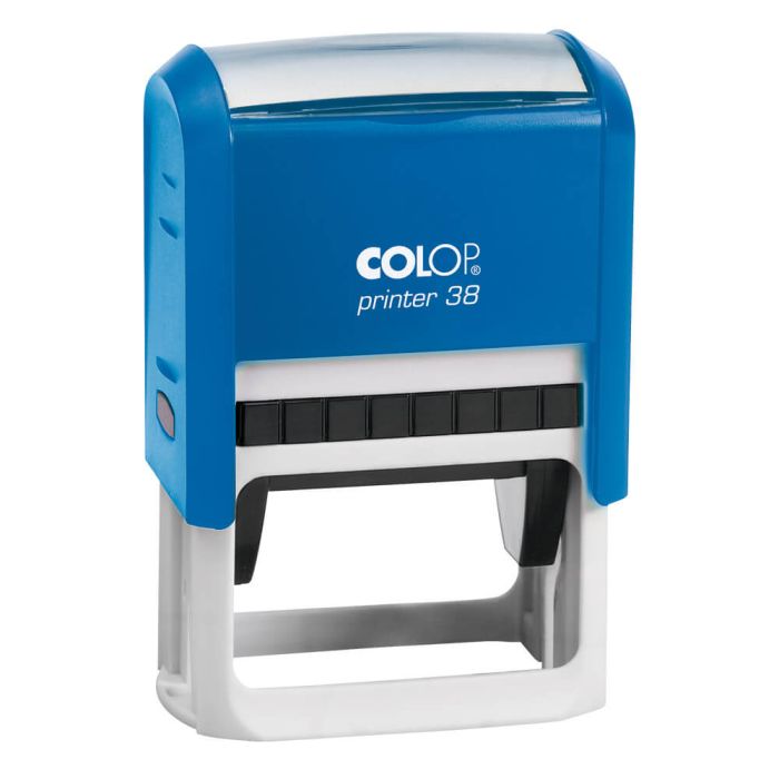 COLOP Printer 38 – individueller Stempel 56 × 33 mm, 7 Zeilen – Gehäusefarbe Blau