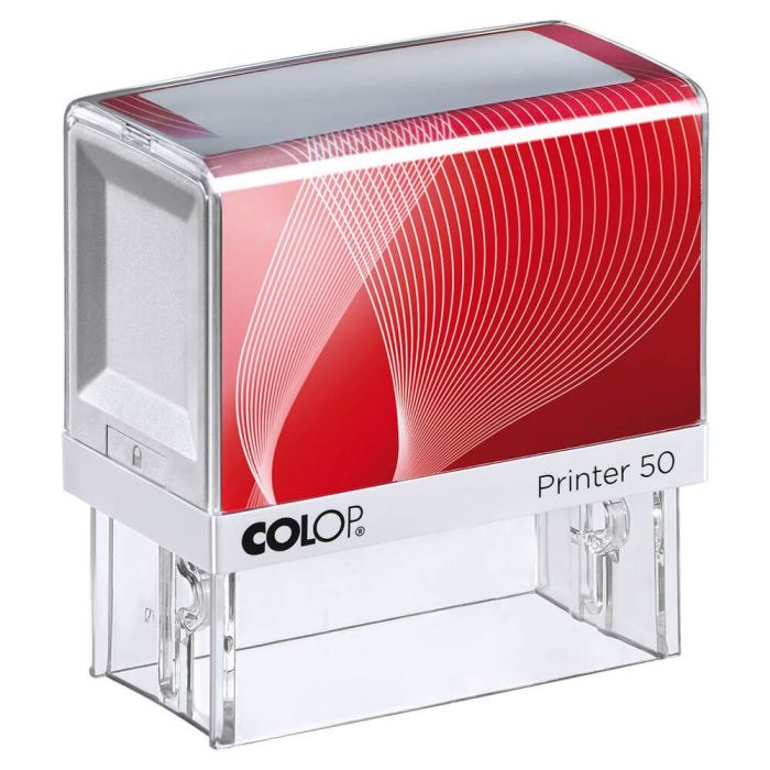 COLOP Printer 50 – individueller Stempel 69 × 30 mm, 7 Zeilen – Gehäusefarbe Weiß