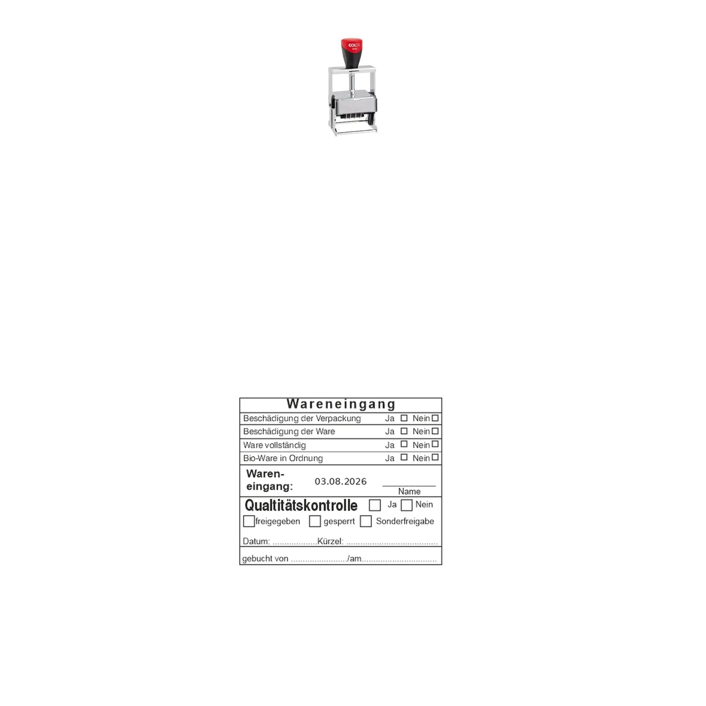 HACCP-Wareneingangsstempel Qualität & Freigabe – Stempelgerät mit Abdruck