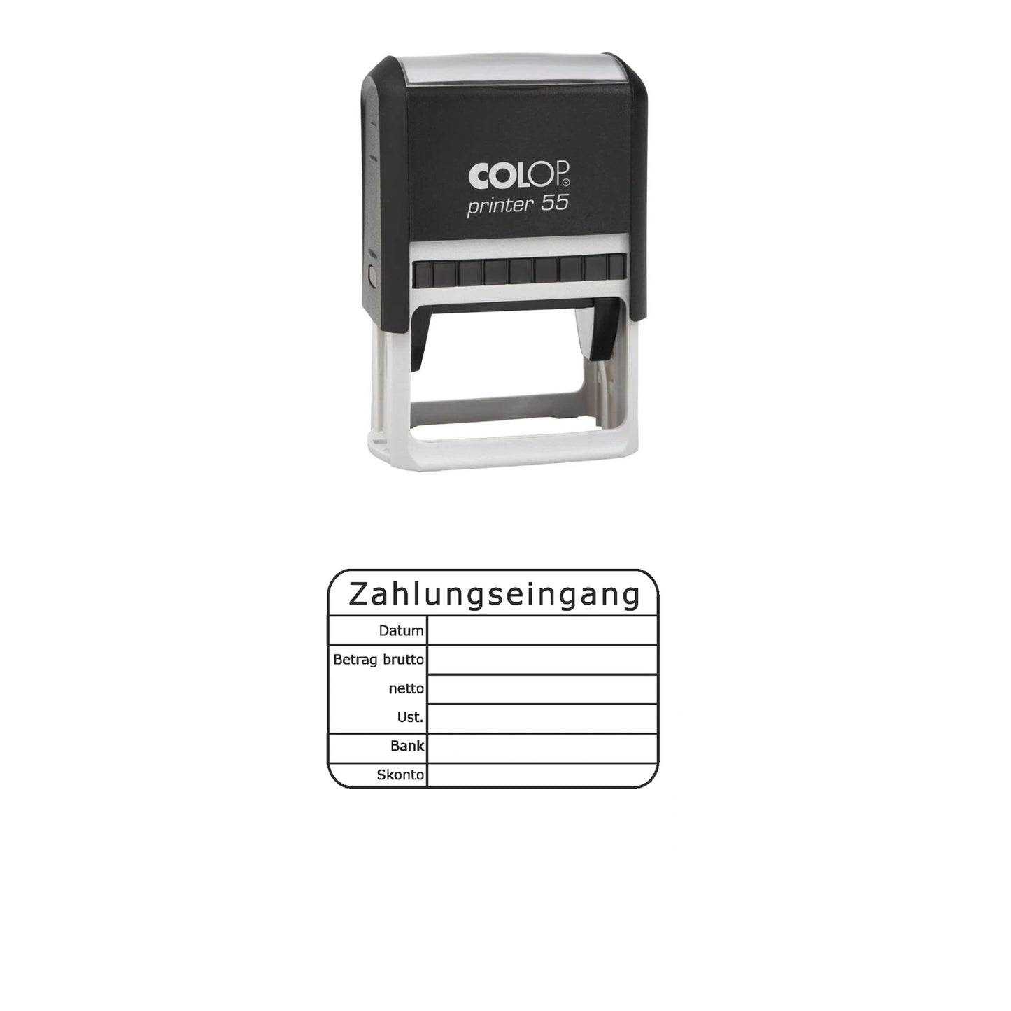 Zahlungseingangsstempel Brutto, Netto & Skonto – Stempelgerät mit Abdruck