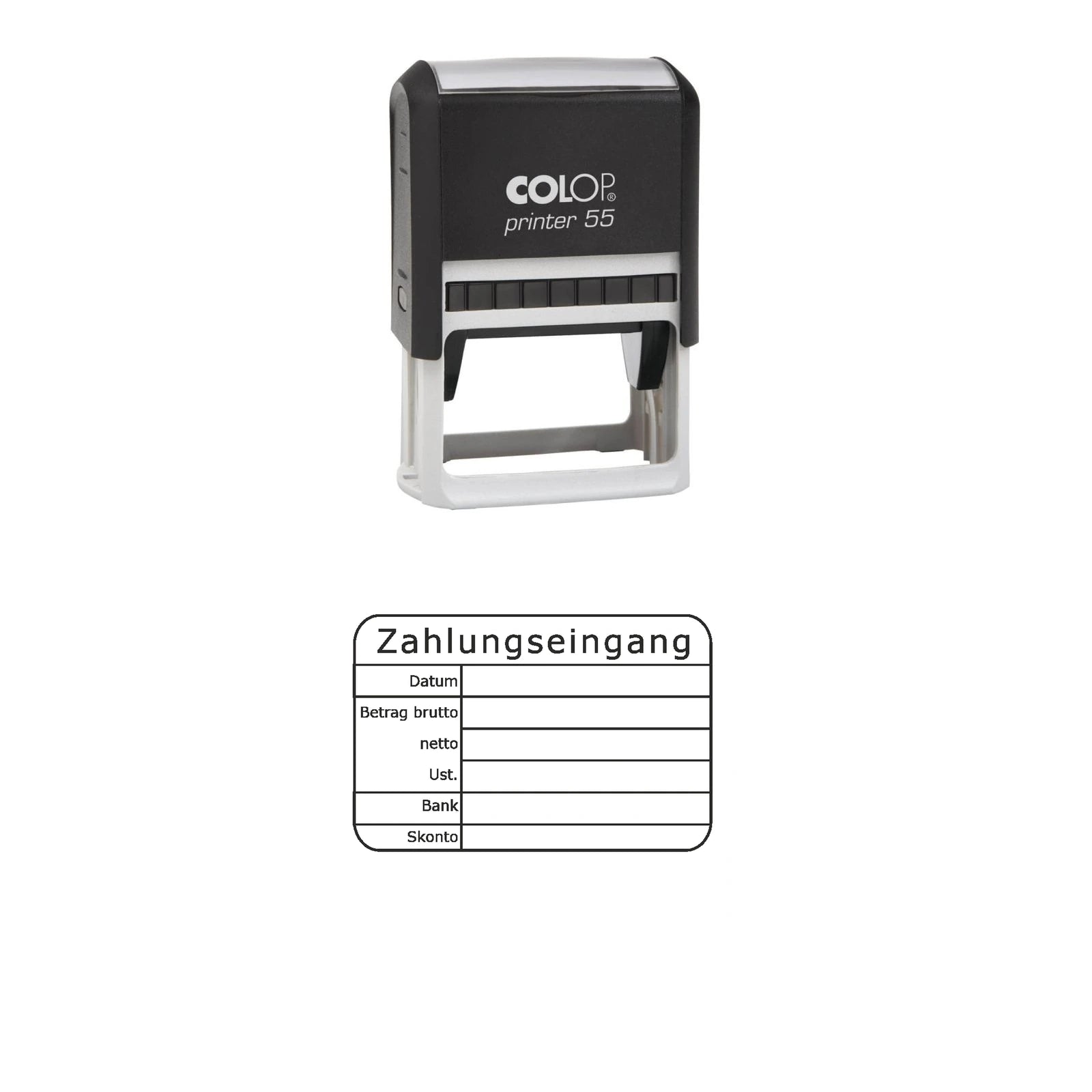Zahlungseingangsstempel Brutto, Netto & Skonto – Stempelgerät mit Abdruck