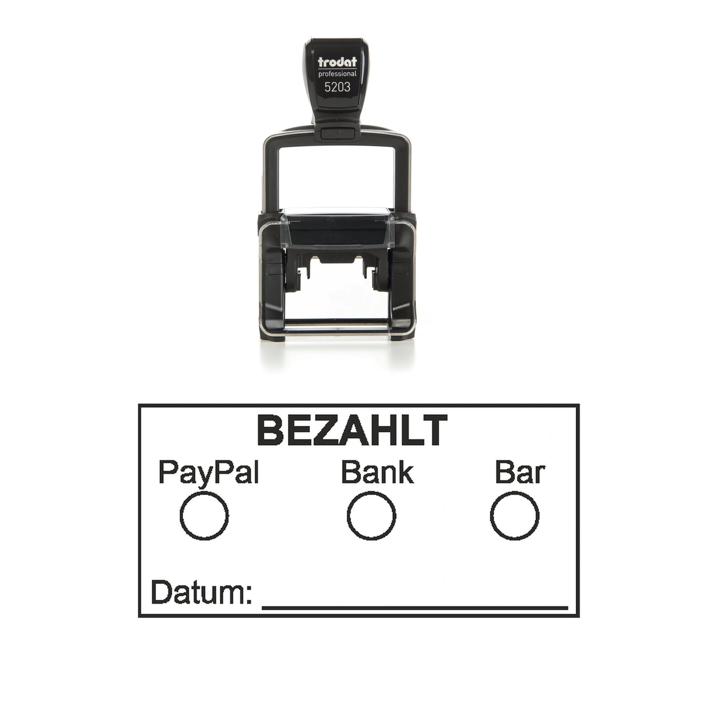 Bezahltstempel PayPal, Bank & Bar – Stempelgerät mit Abdruck