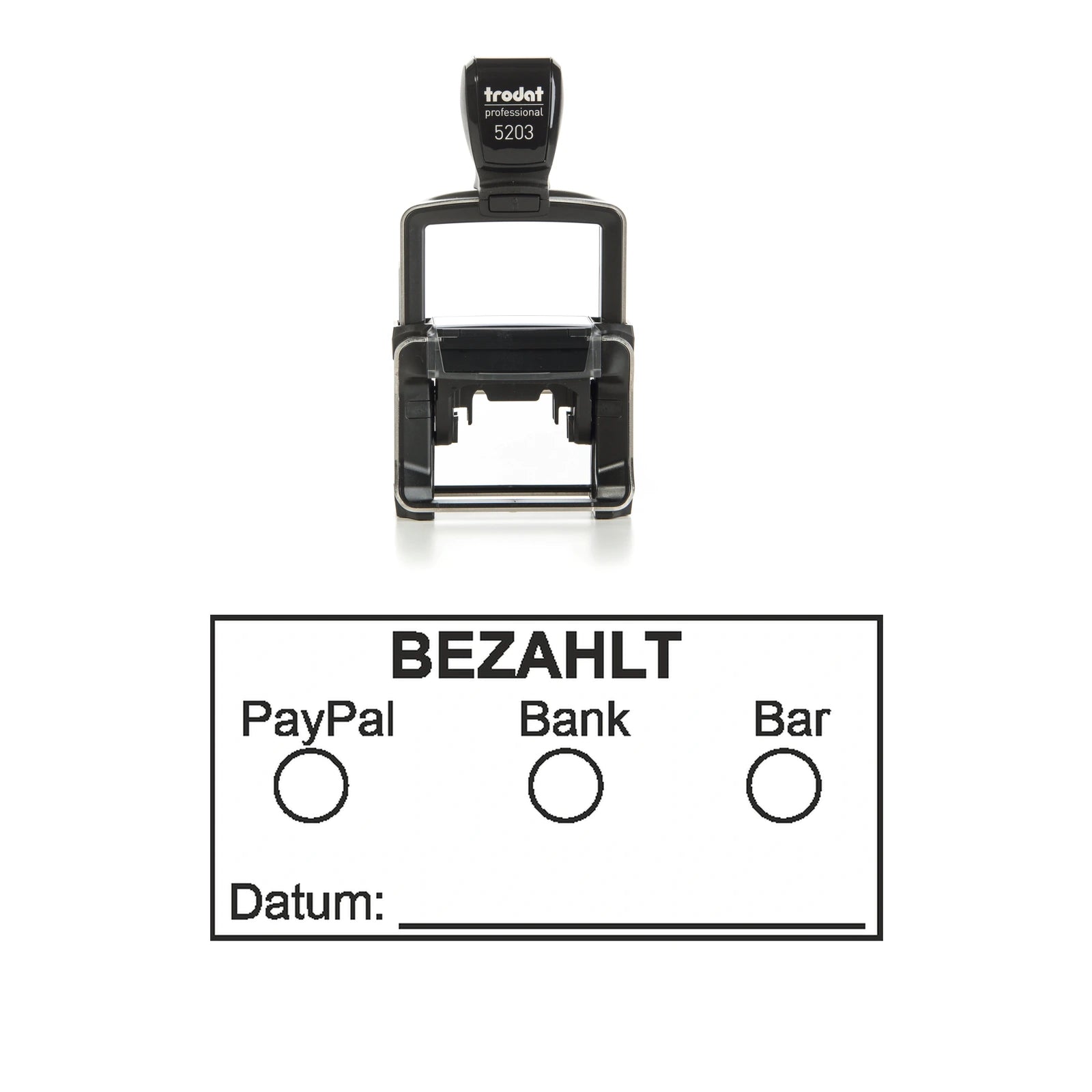 Bezahltstempel PayPal, Bank & Bar – Stempelgerät mit Abdruck