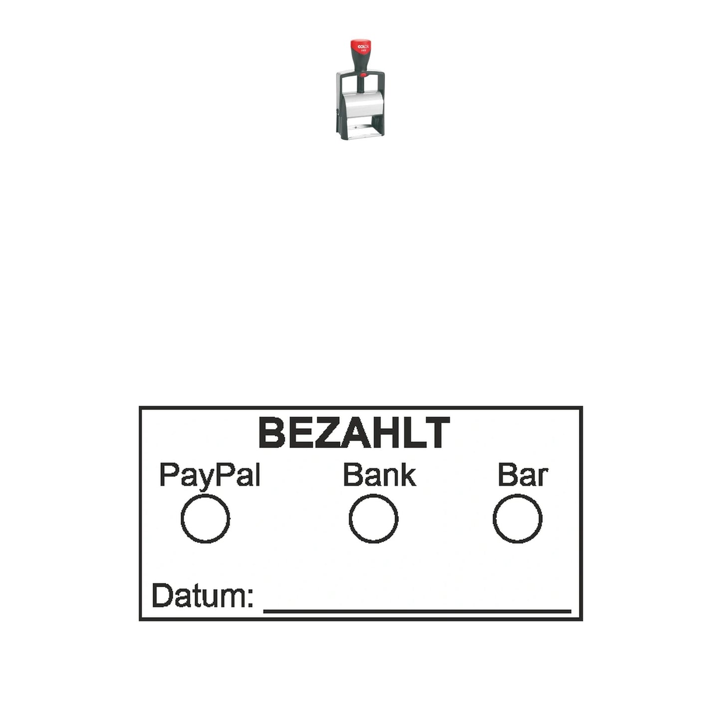 Bezahltstempel PayPal, Bank & Bar – Stempelgerät mit Abdruck
