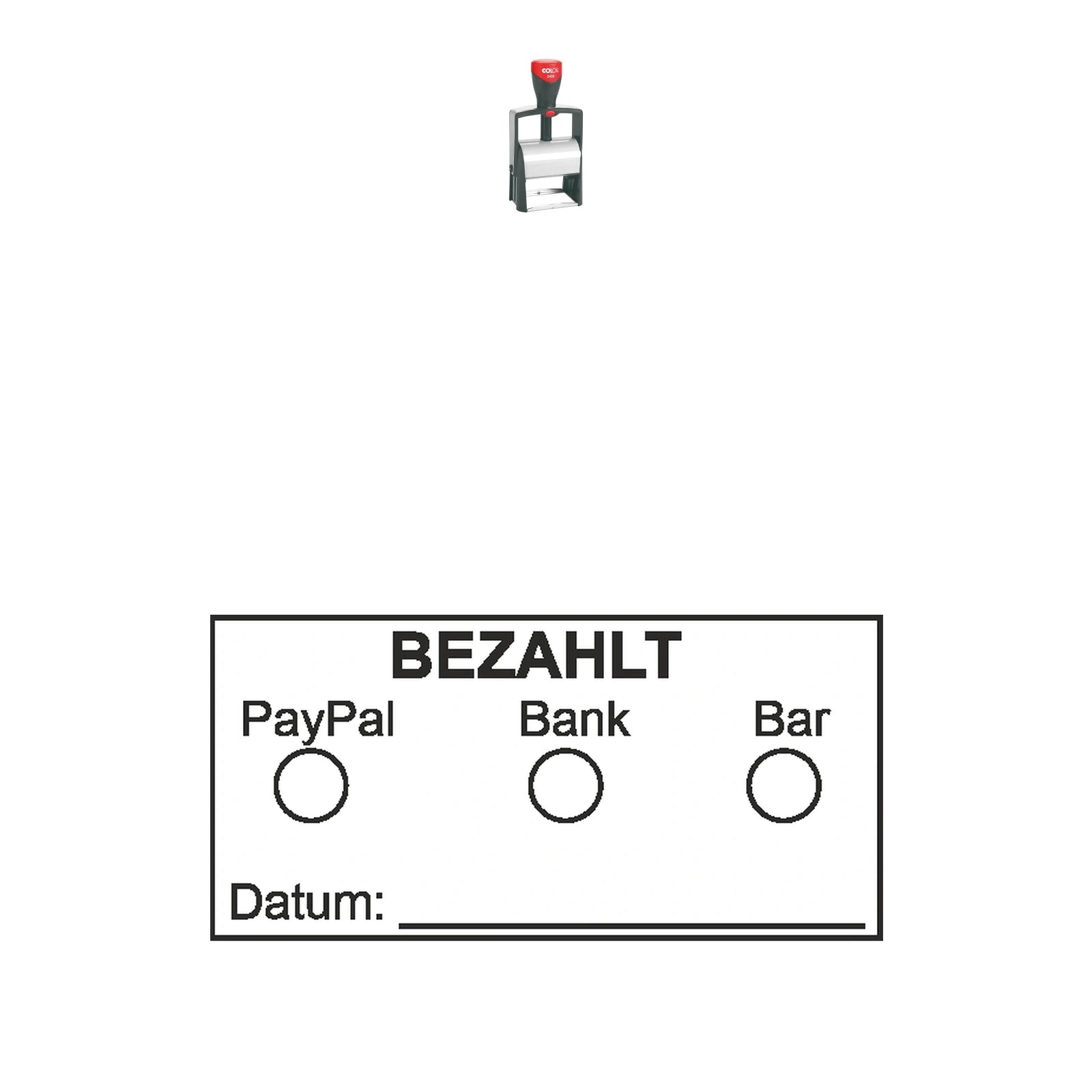Bezahltstempel PayPal, Bank & Bar – Stempelgerät mit Abdruck