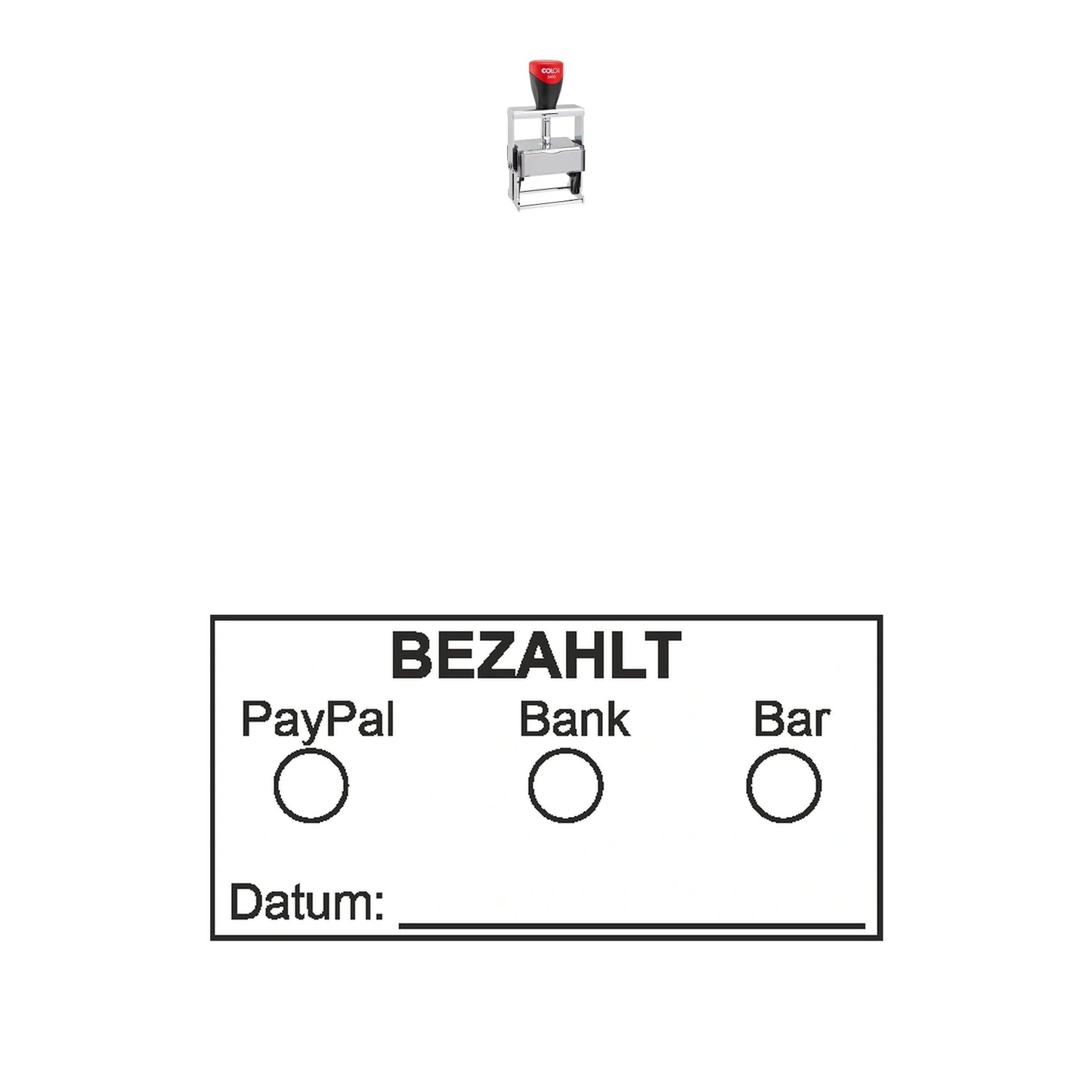 Bezahltstempel PayPal, Bank & Bar – Stempelgerät mit Abdruck