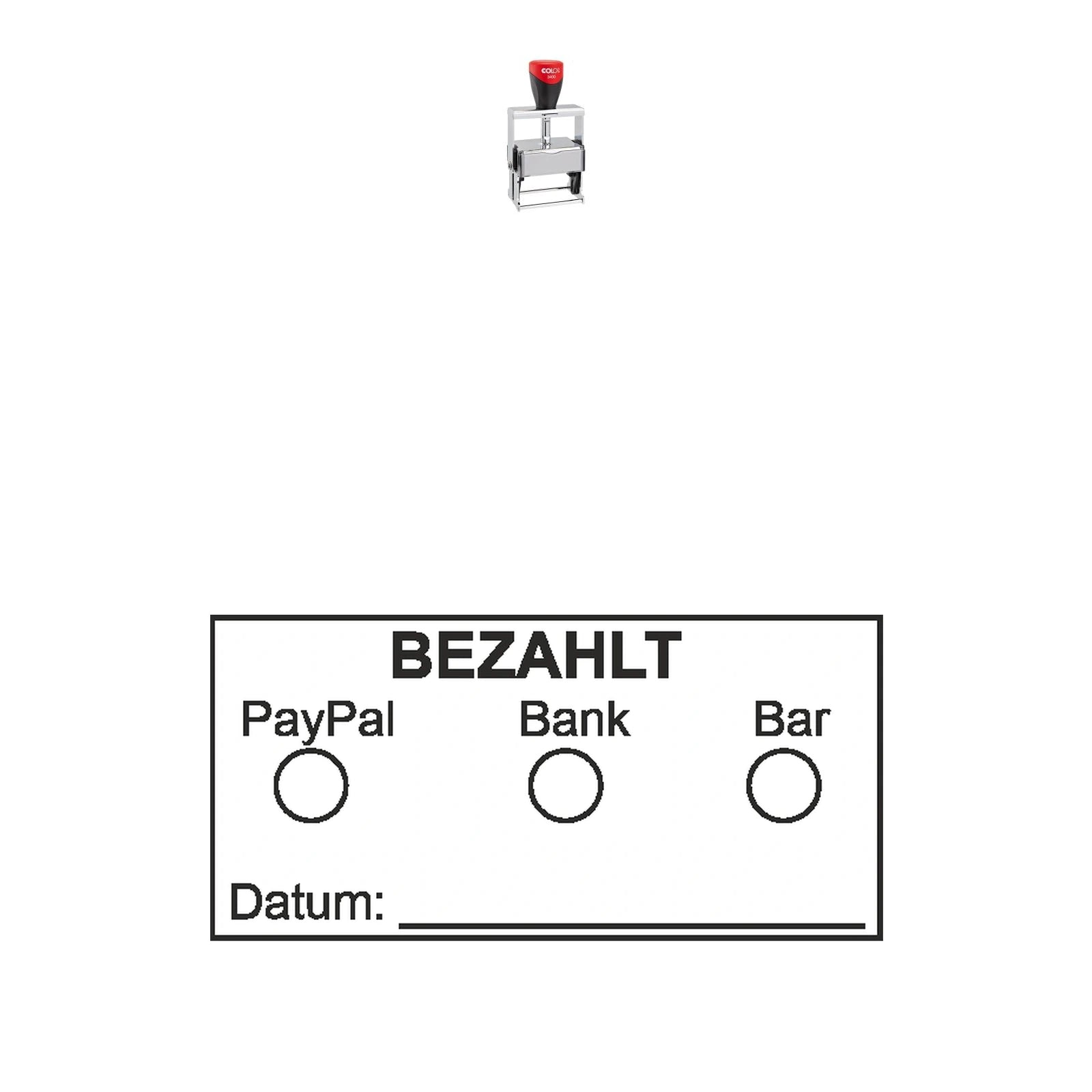 Bezahltstempel PayPal, Bank & Bar – Stempelgerät mit Abdruck
