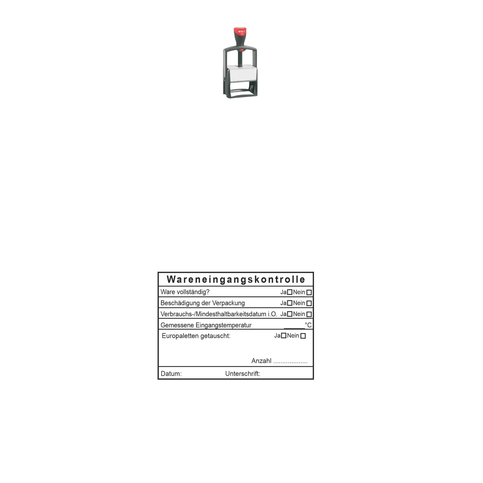 HACCP-Wareneingangsstempel mit Palettentausch – Stempelgerät mit Abdruck