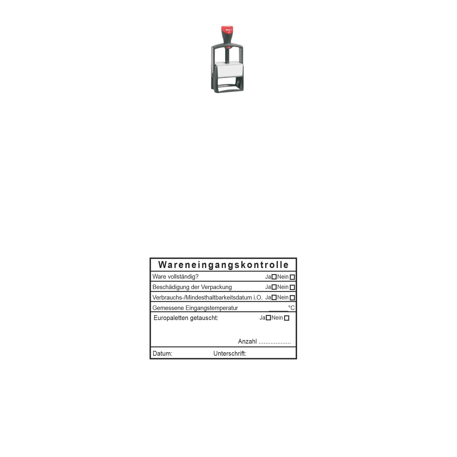 HACCP-Wareneingangsstempel mit Palettentausch – Stempelgerät mit Abdruck