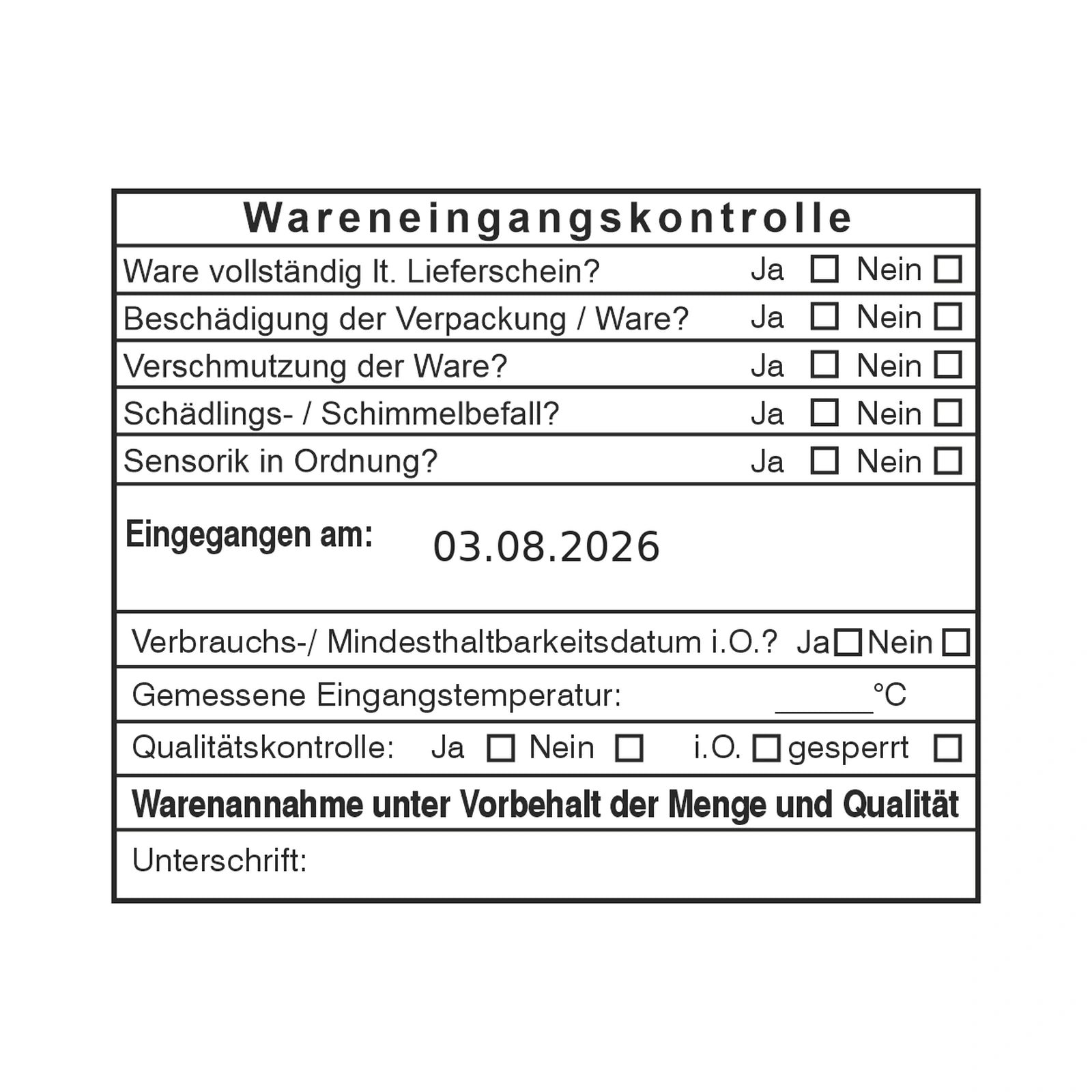 HACCP-Wareneingangsstempel Sensorik & Freigabe – Stempelabdruck