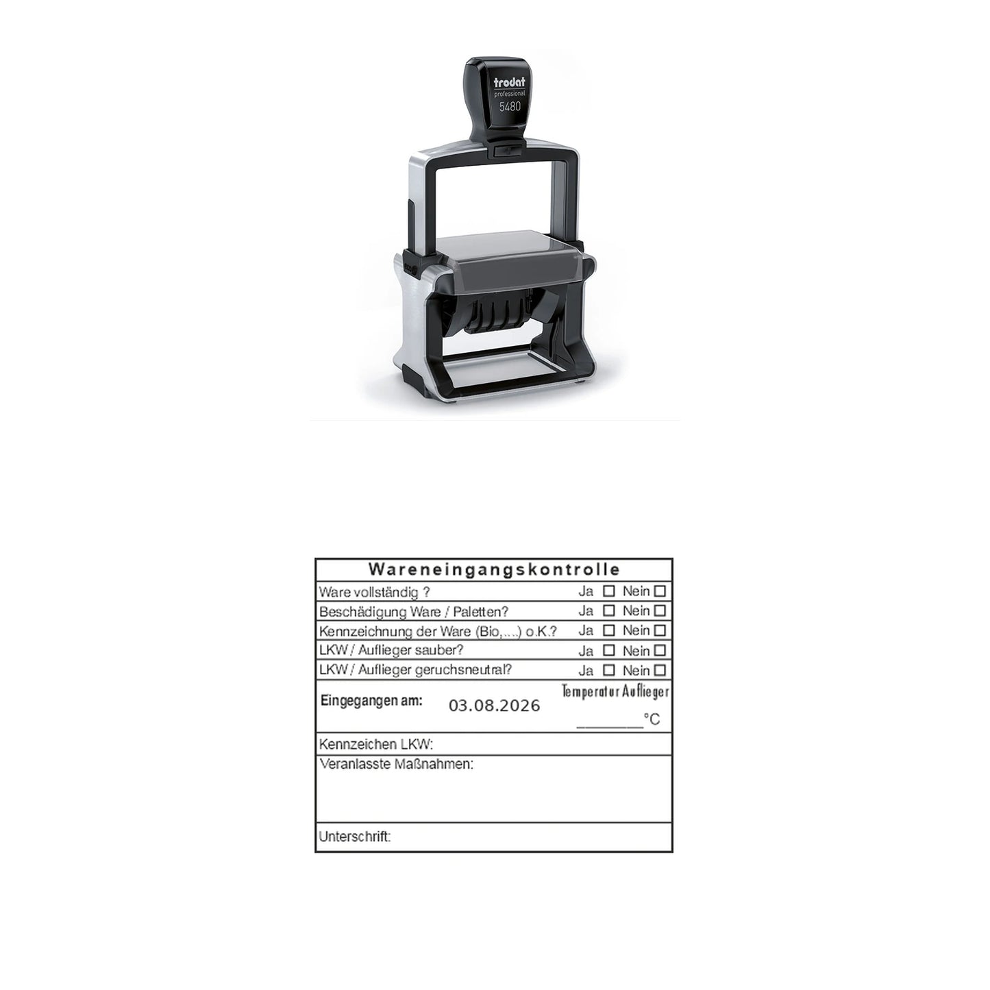 HACCP-Wareneingangsstempel Bio, Paletten & LKW – Stempelgerät mit Abdruck