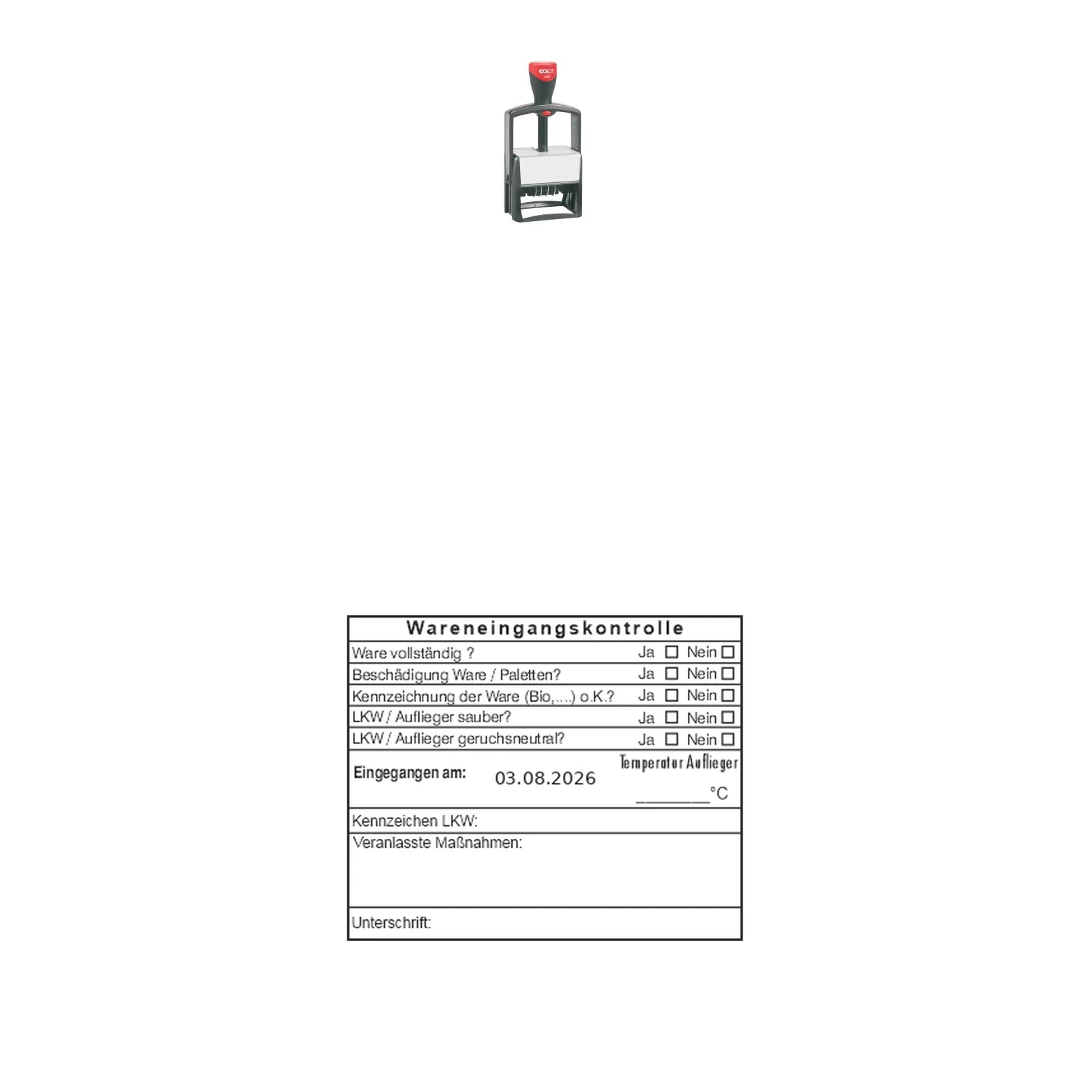 HACCP-Wareneingangsstempel Bio, Paletten & LKW – Stempelgerät mit Abdruck