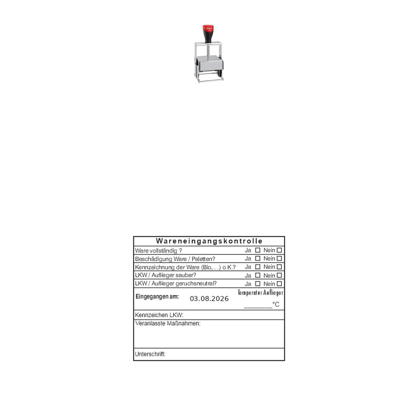 HACCP-Wareneingangsstempel Bio, Paletten & LKW – Stempelgerät mit Abdruck