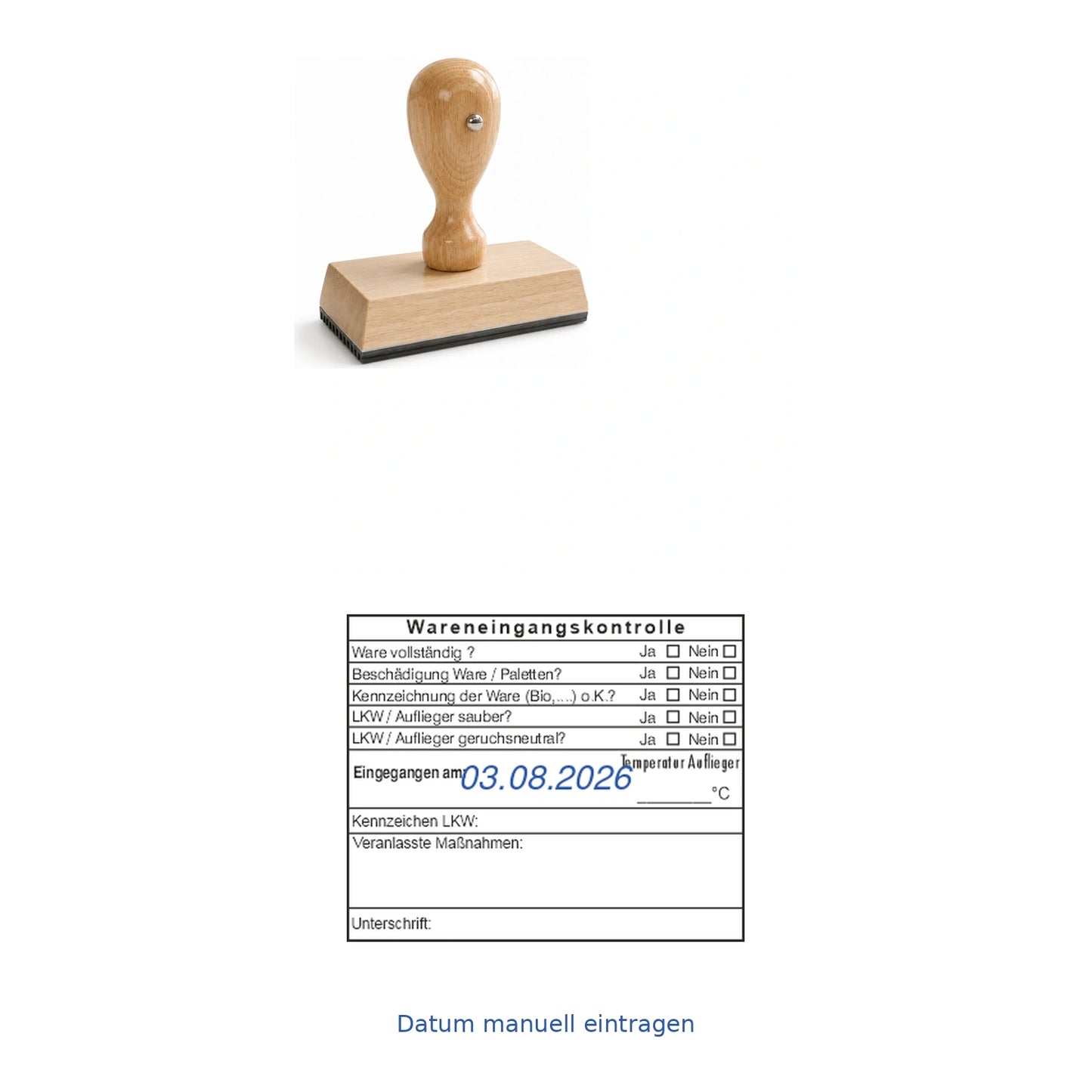 HACCP-Wareneingangsstempel Bio, Paletten & LKW – Stempelgerät mit Abdruck