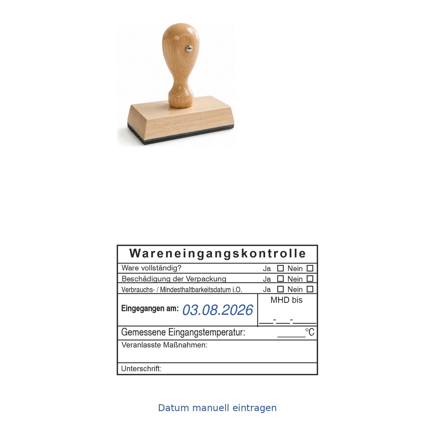 HACCP-Wareneingangsstempel MHD, Temperatur & Maßnahmen – Stempelgerät mit Abdruck