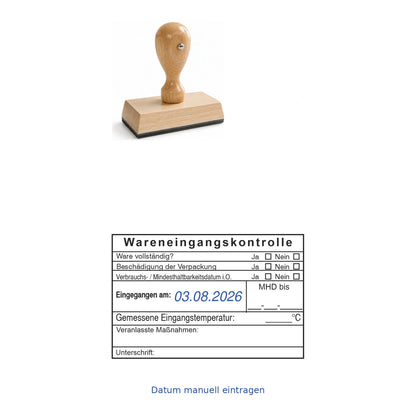 HACCP-Wareneingangsstempel MHD, Temperatur & Maßnahmen – Stempelgerät mit Abdruck
