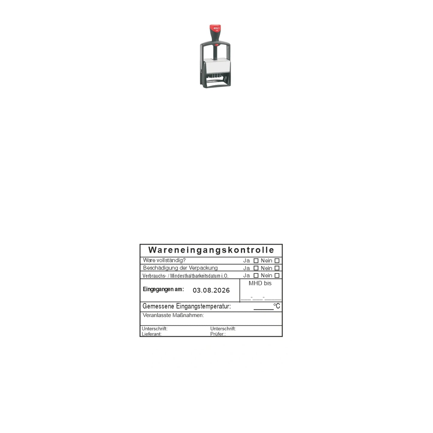 HACCP-Wareneingangsstempel MHD & Temperatur – Stempelgerät mit Abdruck