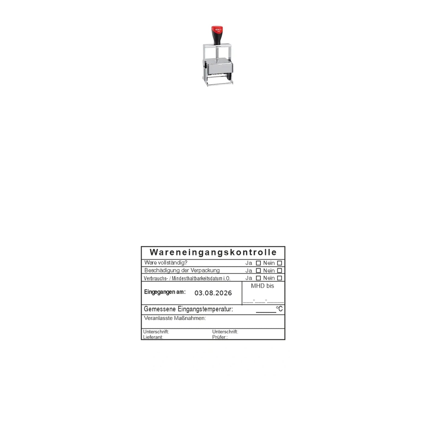 HACCP-Wareneingangsstempel MHD & Temperatur – Stempelgerät mit Abdruck