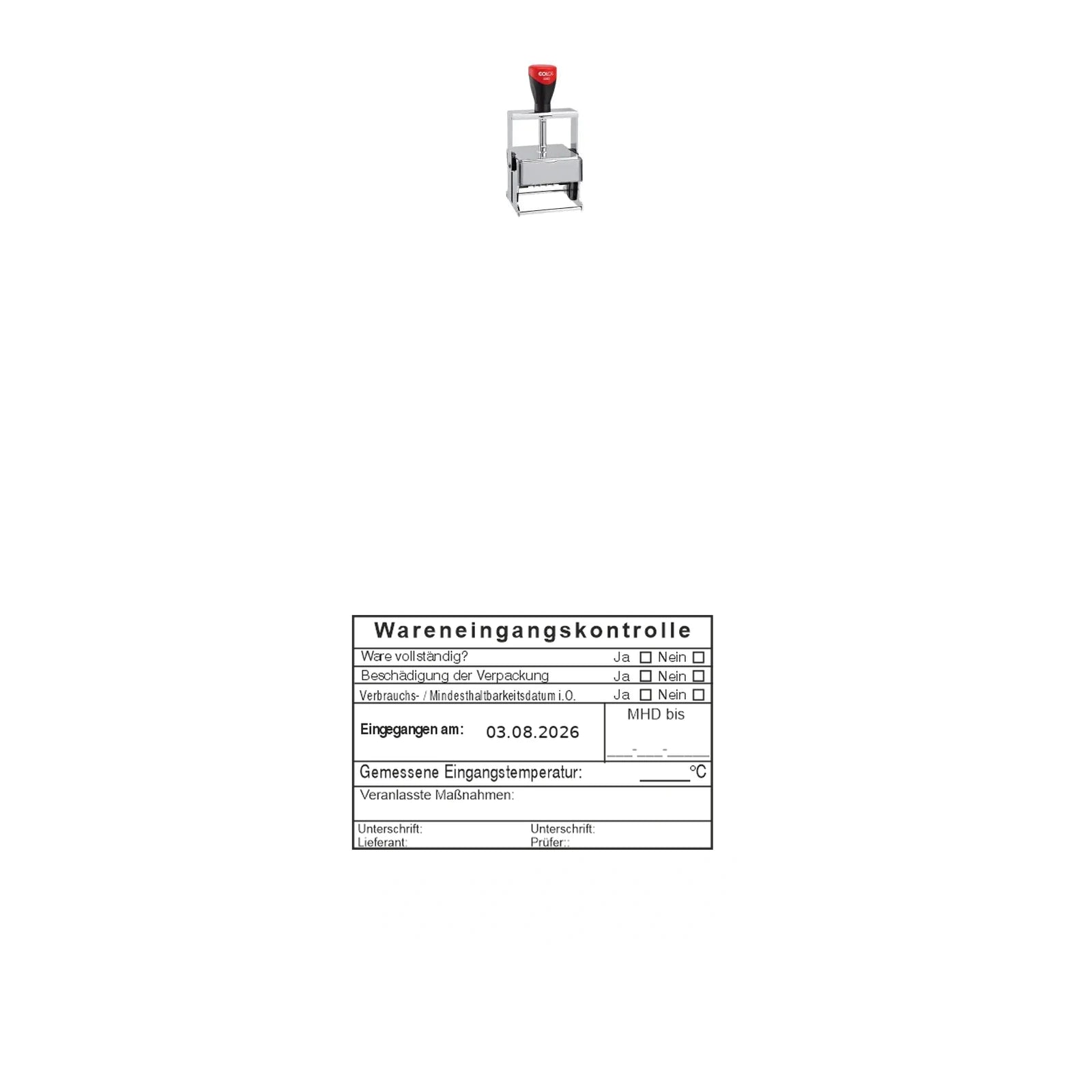 HACCP-Wareneingangsstempel MHD & Temperatur – Stempelgerät mit Abdruck