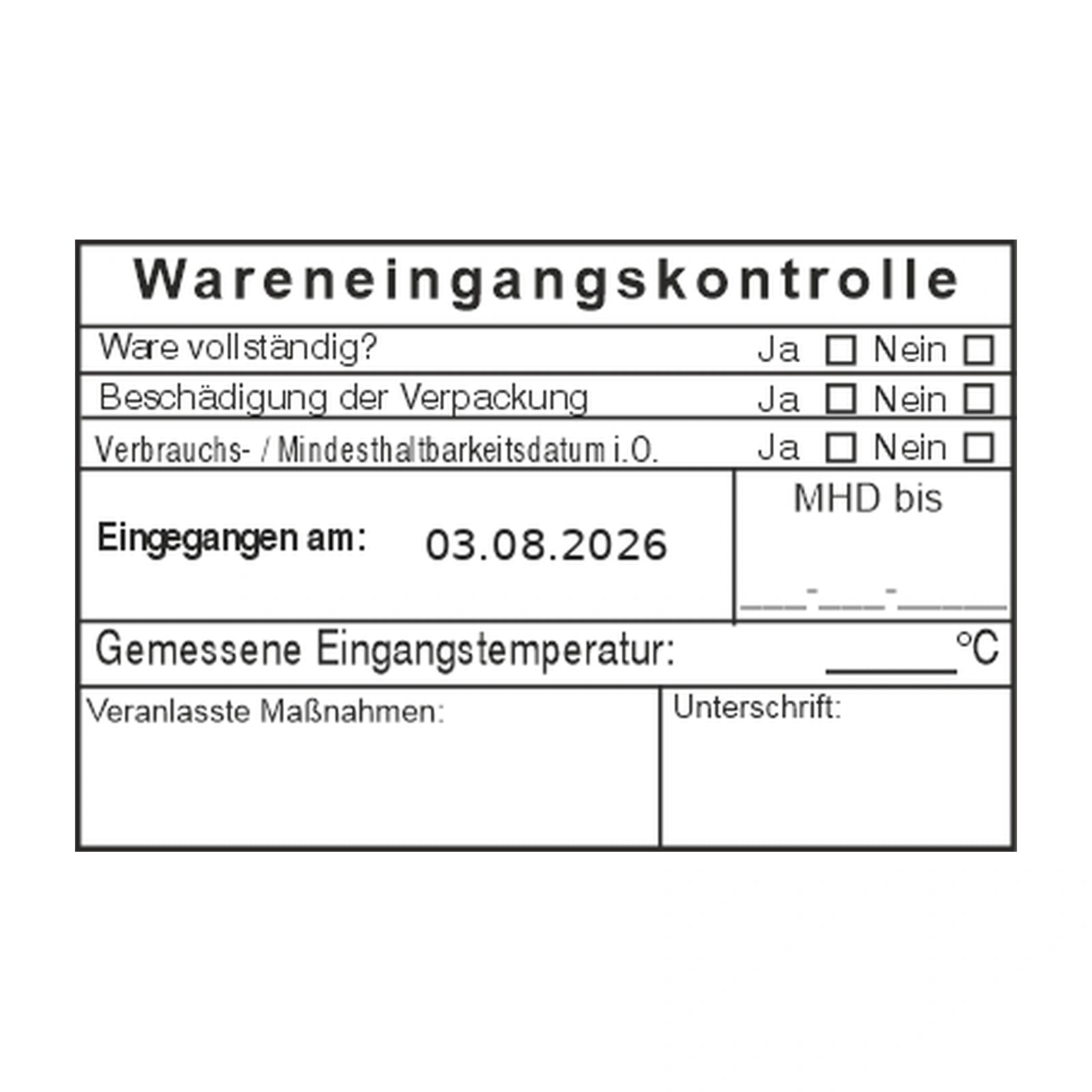HACCP-Wareneingangsstempel MHD, Temperatur & Maßnahmen – Stempelabdruck