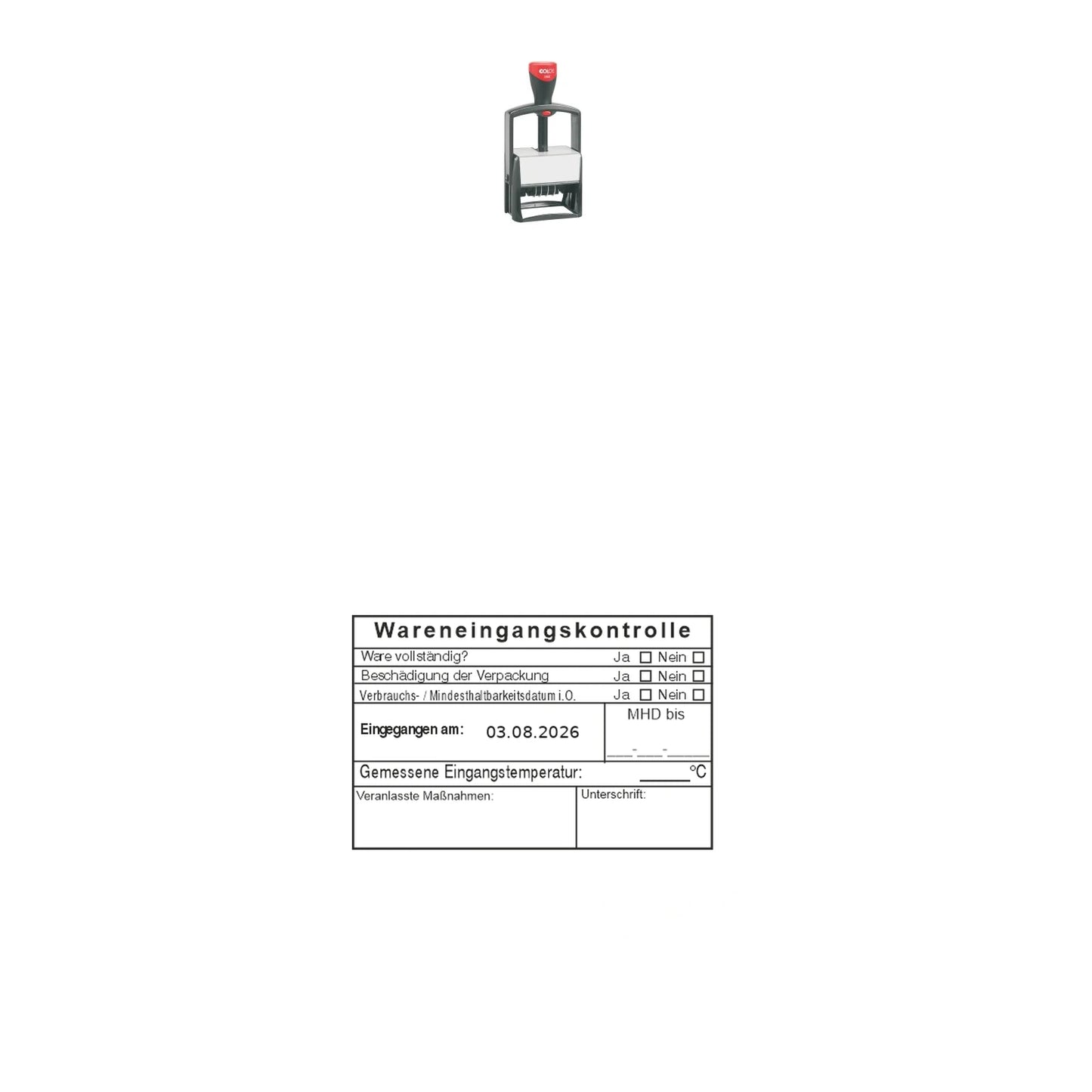 HACCP-Wareneingangsstempel MHD, Temperatur & Maßnahmen – Stempelgerät mit Abdruck