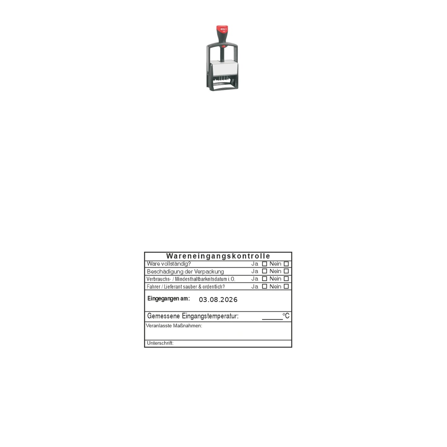 HACCP-Wareneingangsstempel Fahrerhygiene – Stempelgerät mit Abdruck