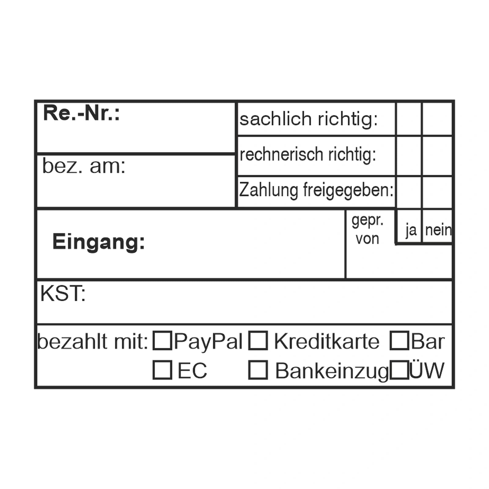 Rechnungsprüfstempel Zahlungsart & Kostenstelle – Stempelabdruck