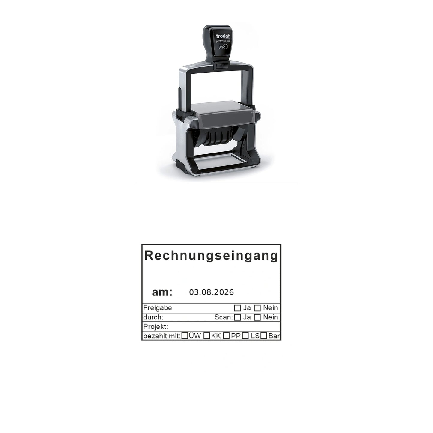 Rechnungseingangsstempel Scan & Zahlungsart – Stempelgerät mit Abdruck