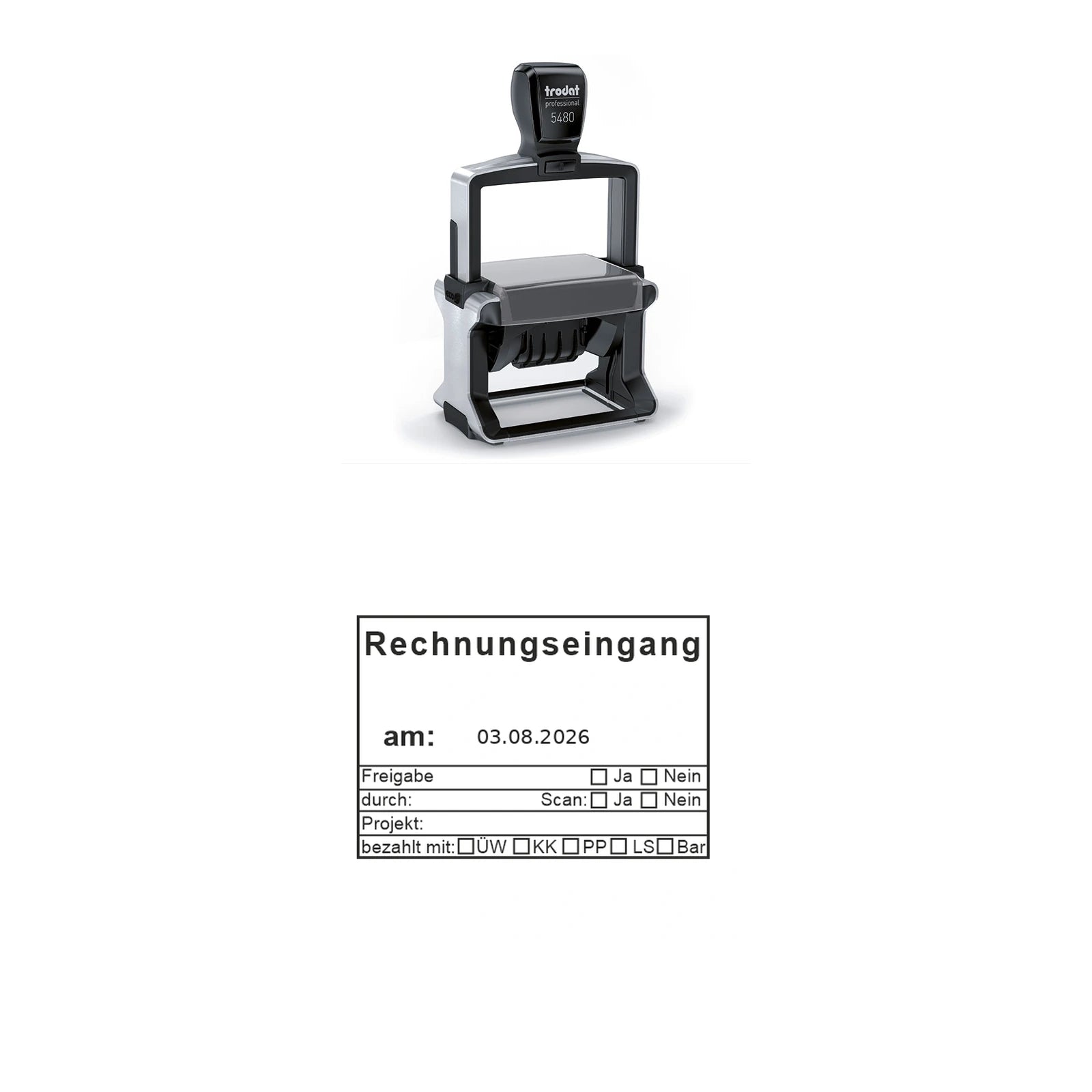 Rechnungseingangsstempel Scan & Zahlungsart – Stempelgerät mit Abdruck