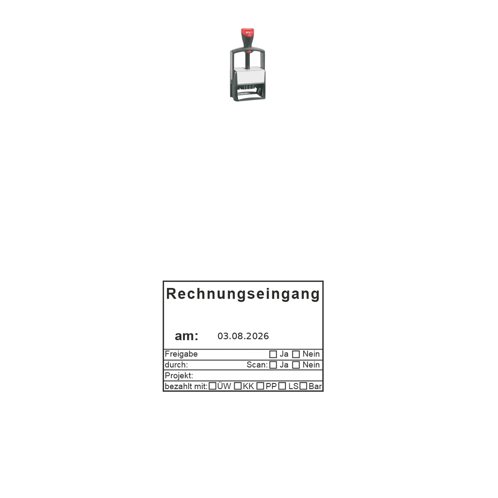 Rechnungseingangsstempel Scan & Zahlungsart – Stempelgerät mit Abdruck
