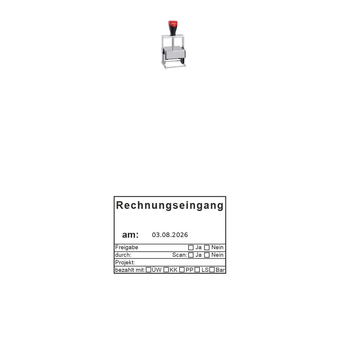 Rechnungseingangsstempel Scan & Zahlungsart – Stempelgerät mit Abdruck