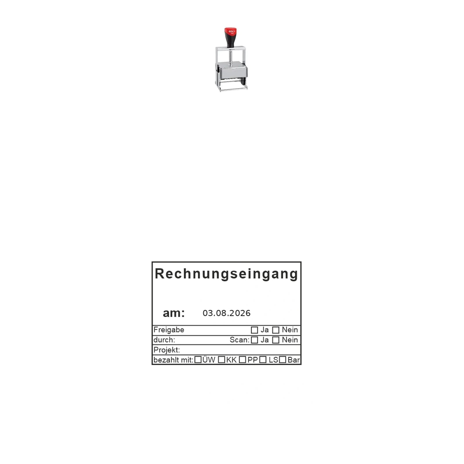 Rechnungseingangsstempel Scan & Zahlungsart – Stempelgerät mit Abdruck