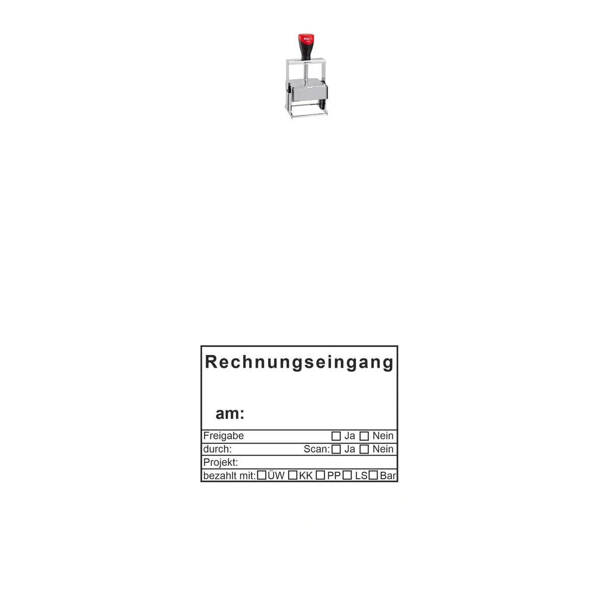 Rechnungseingangsstempel Projekt, Scan & Zahlungsart – Stempelgerät mit Abdruck