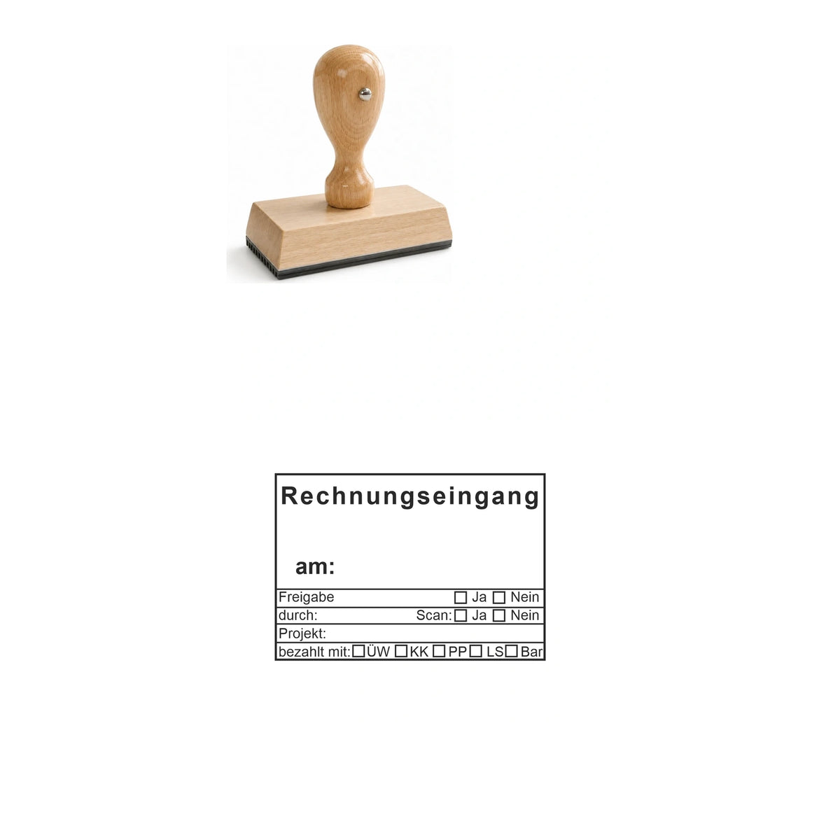 Rechnungseingangsstempel Projekt, Scan & Zahlungsart – Stempelgerät mit Abdruck