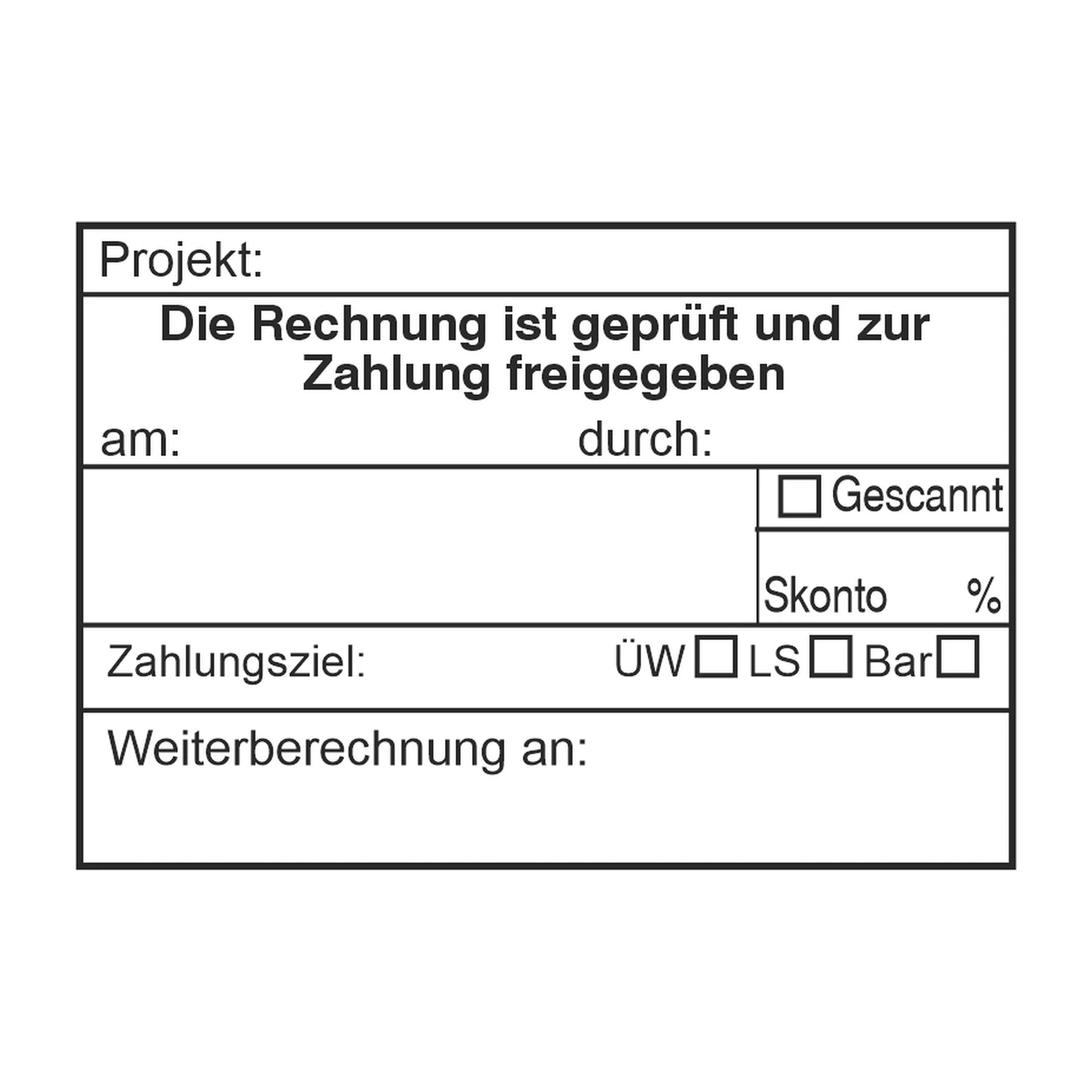 Projekt-Rechnungsfreigabestempel Skonto & Weiterberechnung – Stempelabdruck